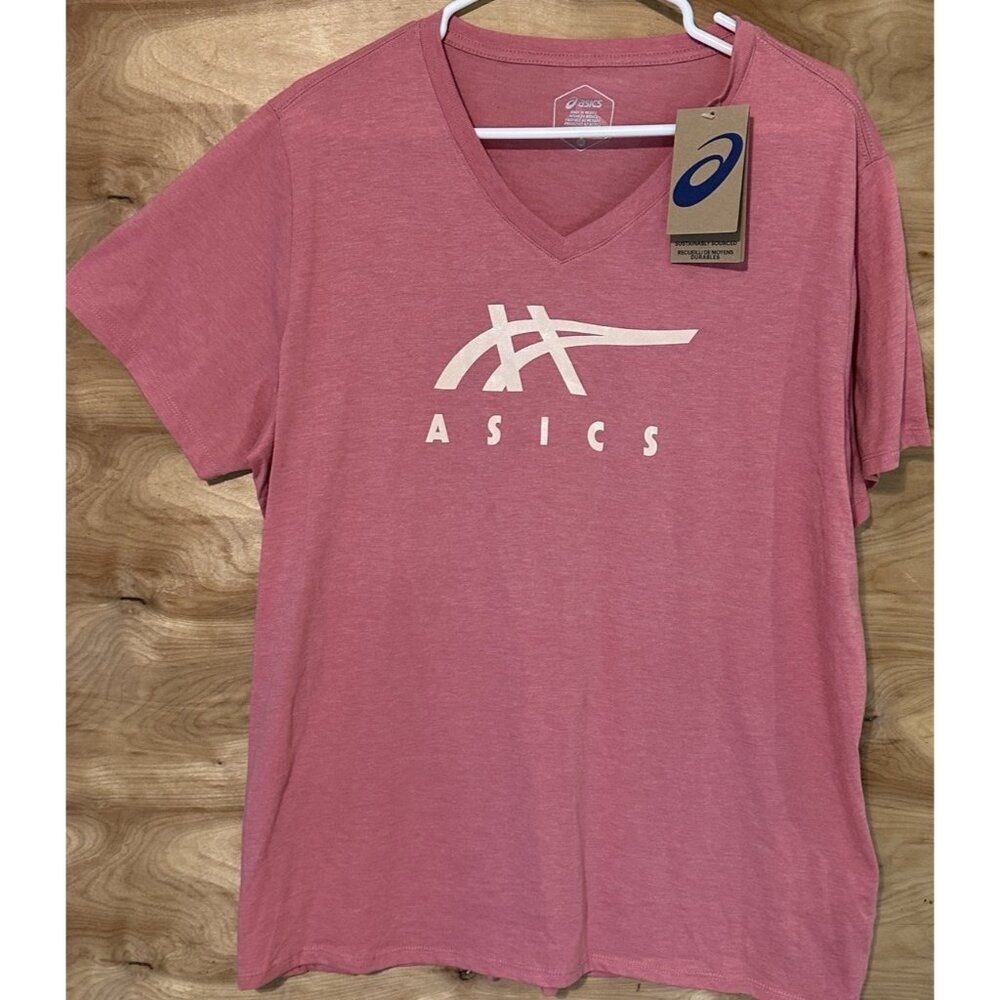 NWT Asics Woman 2Xl Logo Stripe SS Tee Sportswear Graphic Shirt V Neck Pink